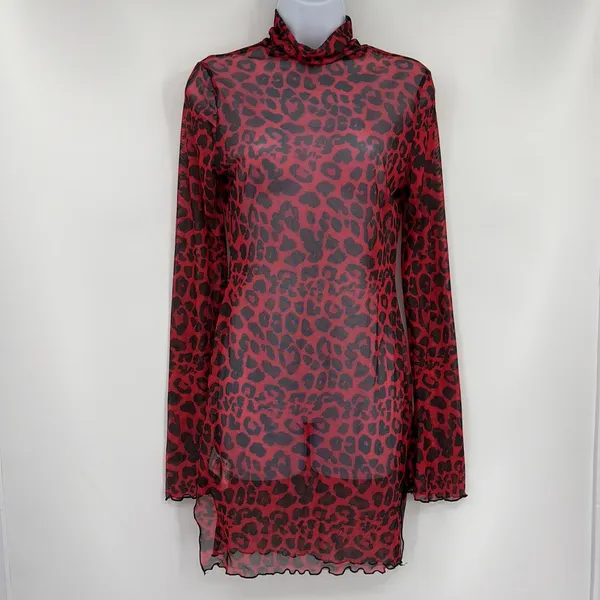 Y2K Red Leopard Mesh Dress Sz M Indie Sleaze Grunge Clubwear Shein Mock Neck - Image 3