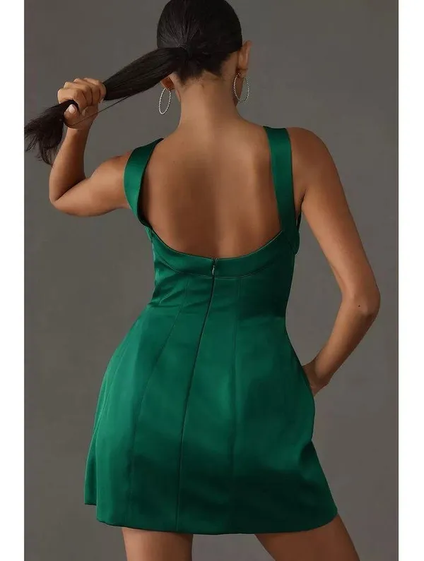 Anthropologie Green Sleeveless Plunge Satin Mini Holiday Cocktail Dress Size 10 - Image 2