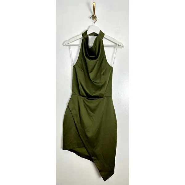 ELLIATT Camo Asymmetric Satin Cocktail Dress in Khaki Size X-Small - Image 5