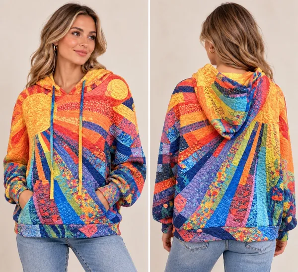 Women’s Sunshine Multicolor Quilted Patchwork Pullover Hoodie Boho Sun Ray XL - Image 2