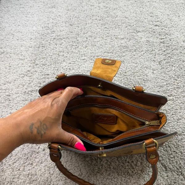 Patricia Nash Vintage Map Print Leather Satchel Handbag Brown Travel Tote - Image 3