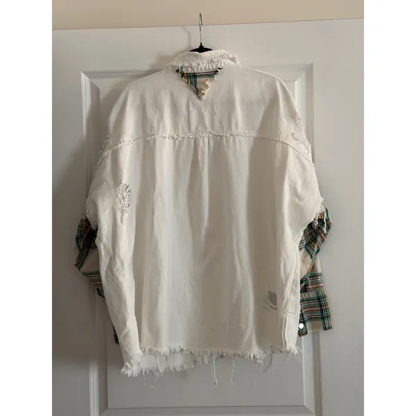 POL White Denim Shacket Plaid Contrast Distressed Raw Hem XL Oversized - Image 6