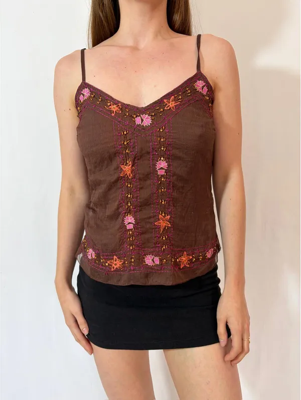 Brown Boho Floral Embroidered Rampage Cottagecore Cami - Image 2