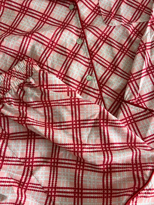 Peach Love California Pink and Red Plaid Pajama Set - Image 2