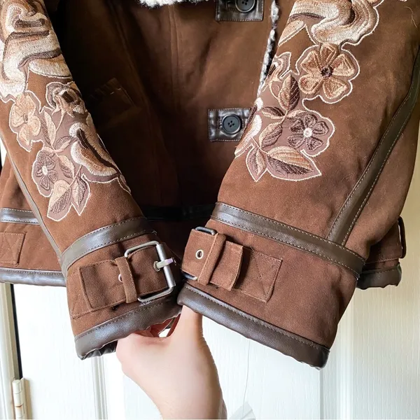 Free People Andies Vegan Moto Jacket Embroidered Floral Brown Bear Small NWT‎ - Image 3