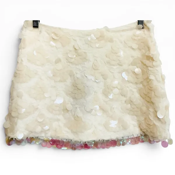 En Saison Emryn Mini Skirt Ecru Sequin Iridescent Paillette Fringe‎ NWT Size S - Image 6