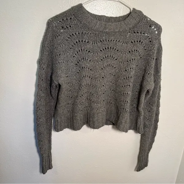 American Eagle Women's Size XS Pointelle Crew Neck Sweater Gray Open Knit‎ - Image 3