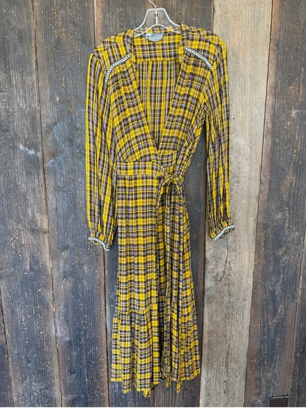 Anthropologie Yellow Plaid Dalton Wrap Midi Dress - Image 3