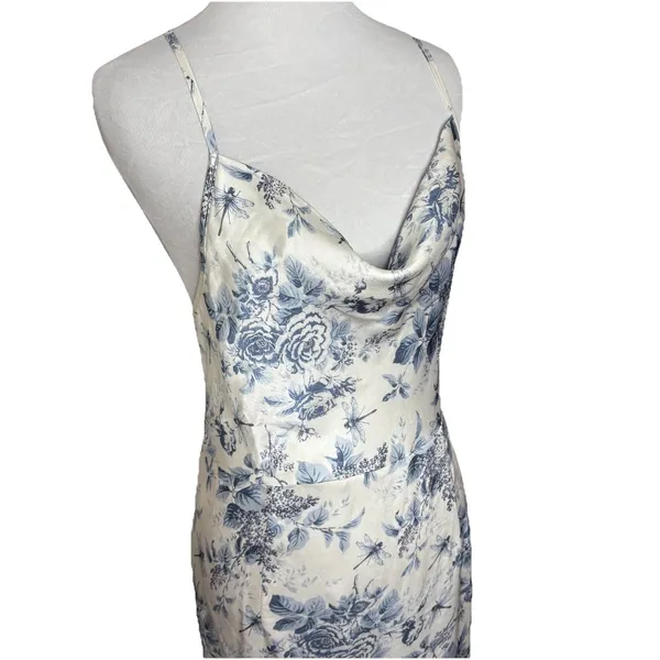 Cider Cowl Neck Blue White Dragonfly Satin Dress Cottagecore Criss Size Large - Image 2