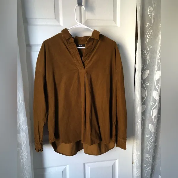 Uniqlo women corduroy oversized long sleeve blouse tiny black stains sz L cotton - Image 3