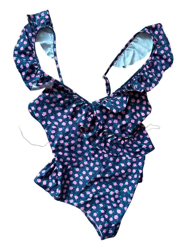 Aerie One Piece Swimsuit Medium Floral Ruffle V Neck Pink Green Bathing Suit - Image 3