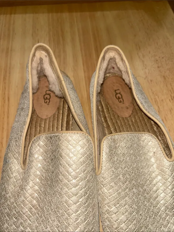 Ugg Womens Sandrinne Metallic Champagne Gold Woven Leather Espadrille Shoes sz12 - Image 3