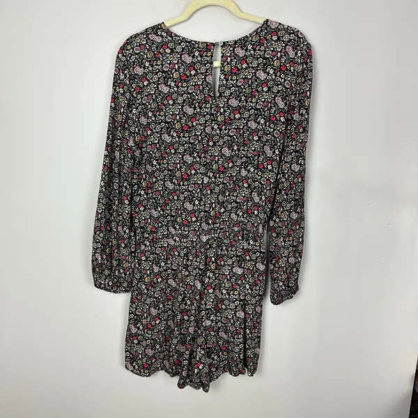 Ann Taylor Loft Ditsy Dark Floral Black Long Balloon Sleeve Romper Size Medium - Image 6