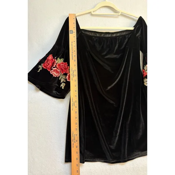 Pretty Angel Black Velvet Off The Shoulder Mini Dress Floral Embroidered Bell Sleeve Shift - Image 7