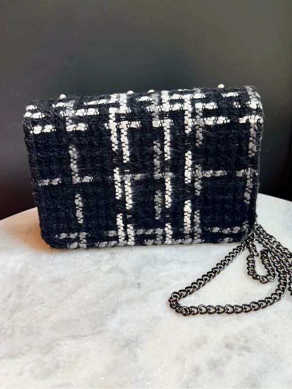 Chico's Pearl Embellished Tweed Crossbody Bag Black White Evening Clutch - Image 3
