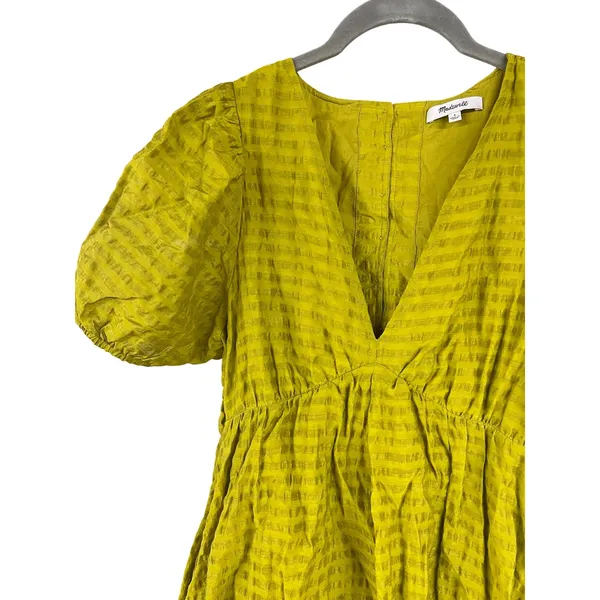 Madewell Kirkley Mini Dress Chartreuse Linen Blend Puff Sleeve Cutout Back 4 - Image 4