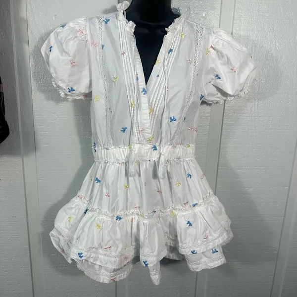 Mable White with Multi Colored Bows Puff Sleeve Lined Dress Size Small EUC - Image 2