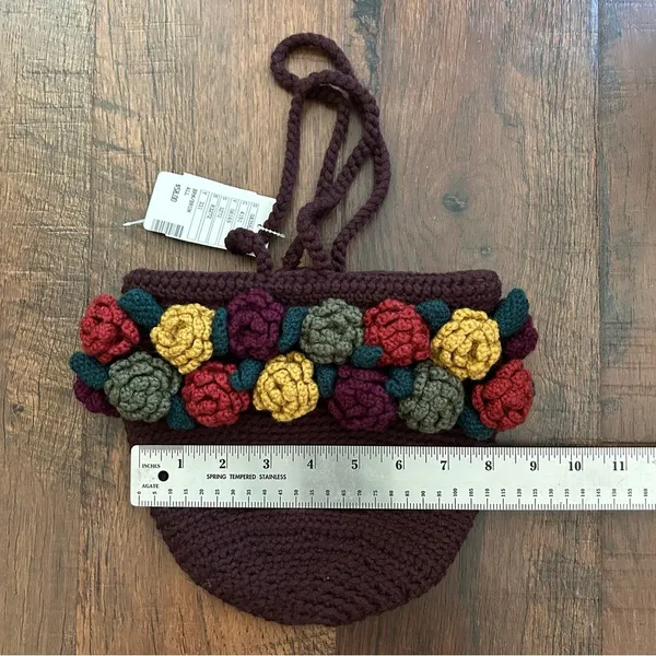 ANTHROPOLOGIE brown crochet wool bag with crochet flowers, NWT - Image 10
