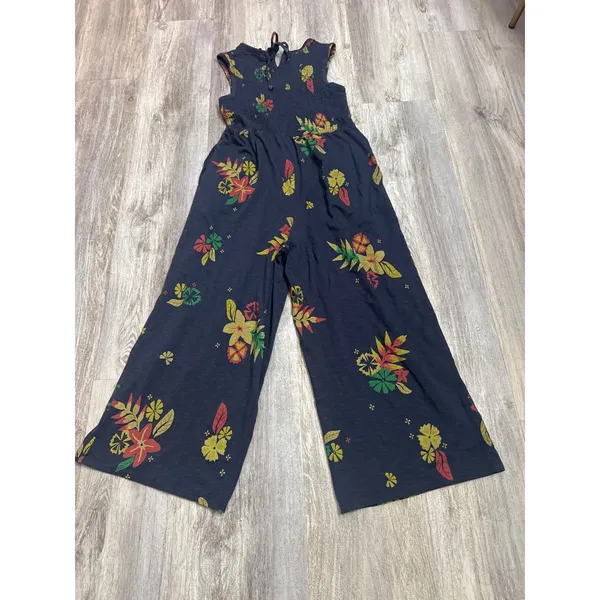 Toad&Co Womens Navy Blue Tropical Floral Smocked Wide Leg Jumpsuit Large Pockets - Image 4