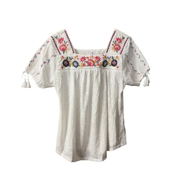 Time and Tru Embroidered White Short Sleeve Top size S NEW - Image 2