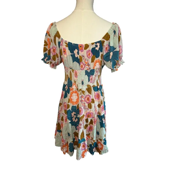 Angie Floral Smocked Boho Mini Dress Medium Cottage Indie Retro Rayon Festival - Image 2