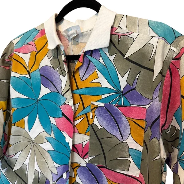 Artsy Tropical Leaf Shirt Womens‎ Medium Multi Color Good Vintage 90s USA - Image 3