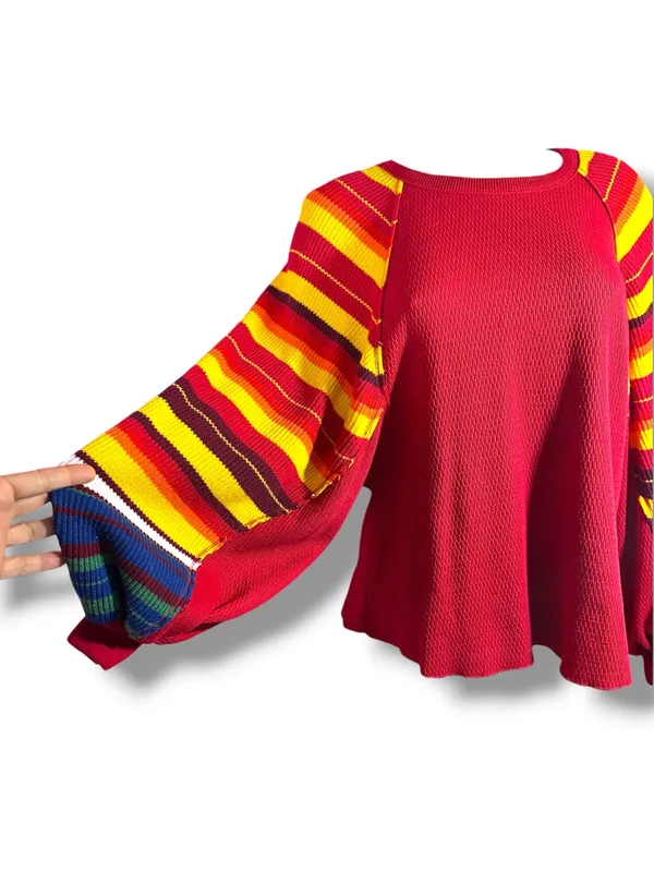 Free People We The Free Rainbow Dreams Pullover XS Red Combo Balloon Sleeve - Image 4