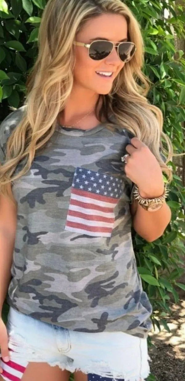 4th Of July Camp Patriotic Pocket Rolled Sleeve Tee Green Size L - Image 4