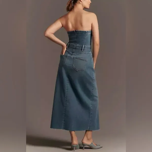 Pilcro Anthropologie $158 The Madi Front Slit Denim‎ Strapless Dress Western Y2K - Image 2