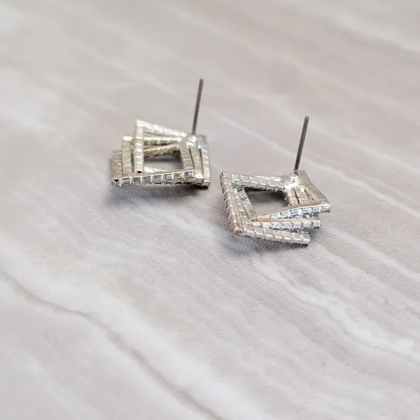 Vintage Stud Earrings Geometric Clear Gem Silver Tone - Fair Condition - Image 5