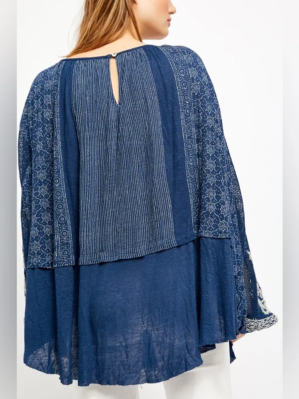 Free People Blue Embroidered Boho Indigo Dreams Tunic Top Medium - Image 2