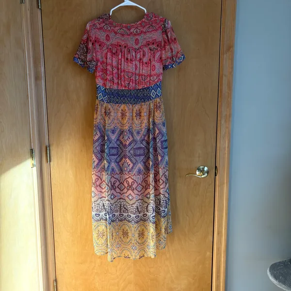 Desigual Maxi Dress Bohemian Paisley Print V Neck Short Sleeve High Low‎ Size 36 - Image 6