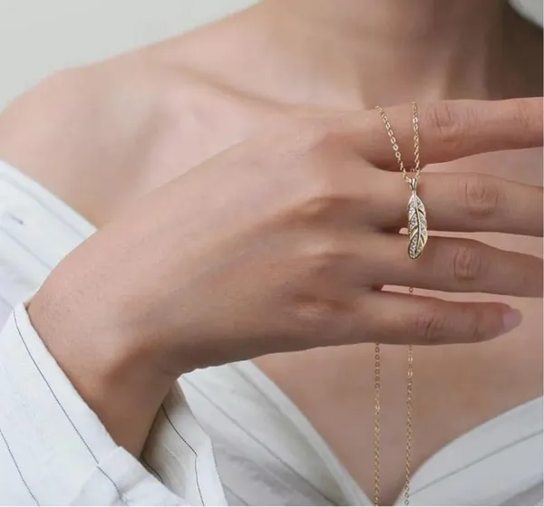 18k gold filled 925 Sterling silver necklace feather pendant link chain - Image 5