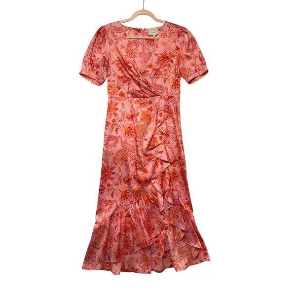 Cinq a Sept Mckenna Paisley Floral Ruffle Midi Dress Pink Orange Size 6 - Image 2