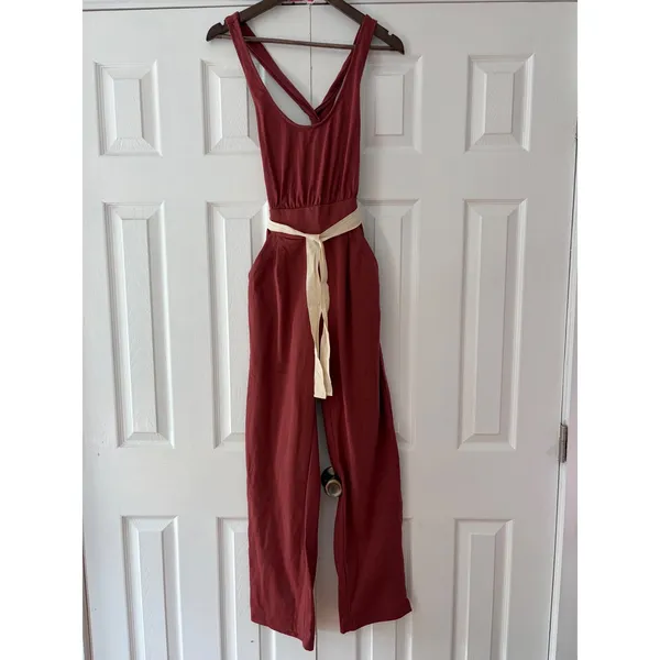 Free People Beach Burnt Henna Cotton‎ Angel Open Back Wide Leg Jumpsuit XS New - Image 3