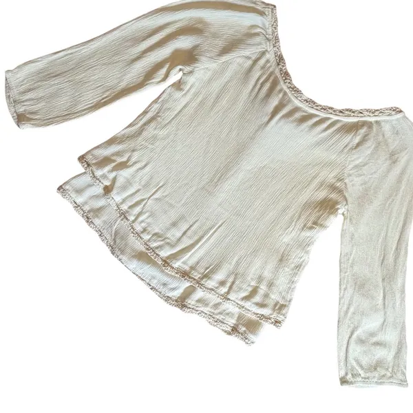 Super B Cream Crochet Lace Trim Gauze Peasant Blouse Top Medium - Image 3