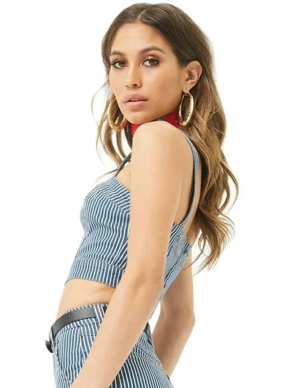 Forever 21 Striped Denim Crop Top and Wide Leg Jean 2 Piece Set Size Small - Image 16
