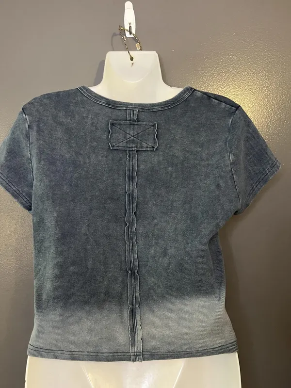 Star Applique Shirt Womens Large Blue Washed Ribbed Cropped Short Sleeve Tee Top - Image 4