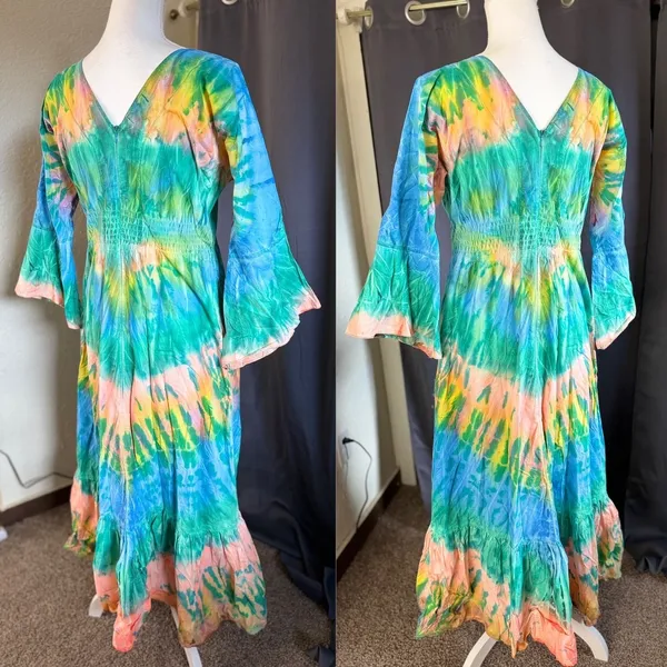 Tie Thai Boho Bell Sleeve Tie Dye Festival Maxi Dress Womens Large Multi-Color - Image 10