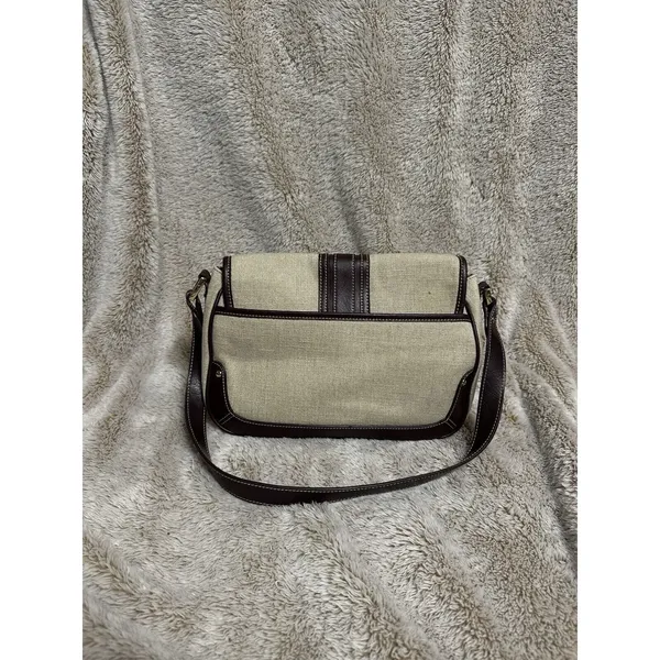 Etienne Aigner Purse~ Beige Linen Blend~Burgundy Trim~Snap Close Gold Hardware - Image 2