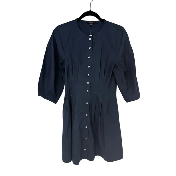 Madewell Sculptural-Sleeve Pleated Mini Dress Navy Cotton Button Front Size 2 - Image 3