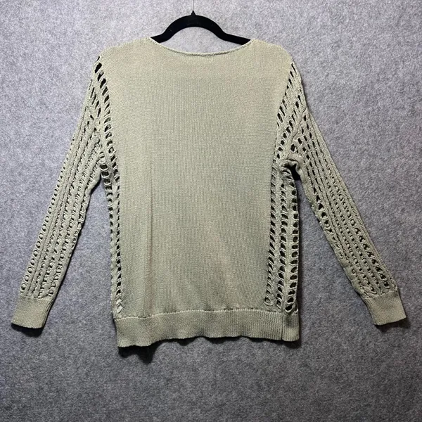 One Grey Day Open Knit‎ Ladder Sleeve Crochet Sweater Sage Green L Boho Cotton - Image 8