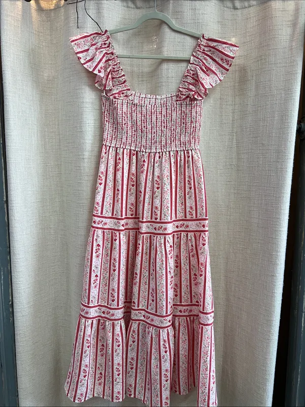 Blu Pepper Stripe Floral Pattern Smocked Tiered Midi Dress Last One Size Small - Image 10