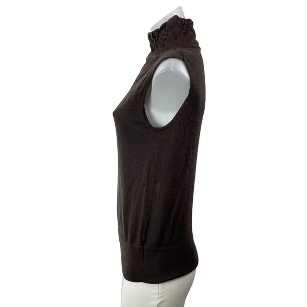 REISS 100% Wool Brown Sleeveless Knit Crinkled Mock Neck Sweater Vest Top Size S - Image 2