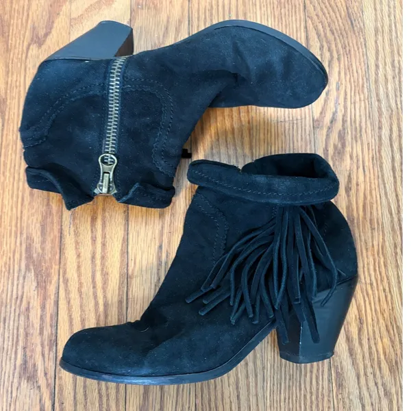 Sam Edelman Louie Black Suede Fringe Ankle Boots 6.5M Western Booties - Image 3
