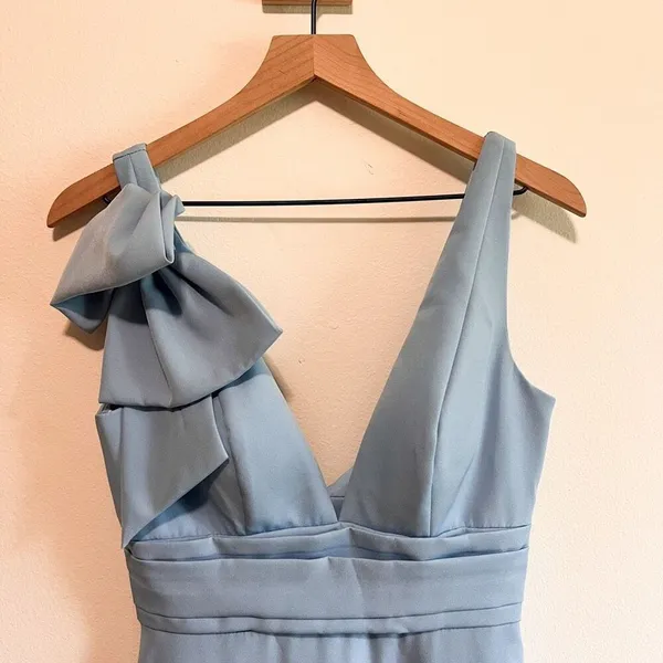 Mac Duggal Blue Sleeveless V Neck Bow Detail Mermaid Gown Size 2 - Image 6