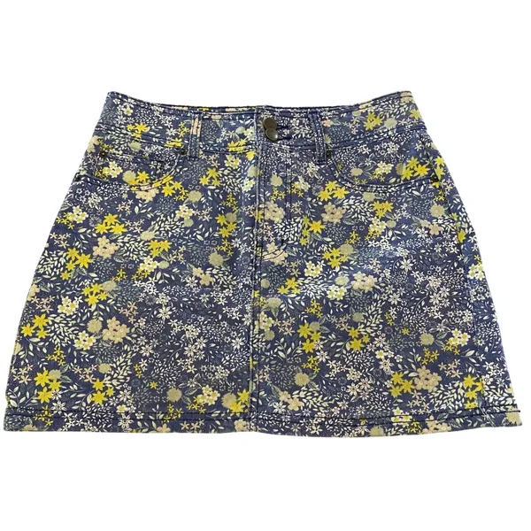 Laura Ashley Urban Outfitters Floral Denim Mini‎ Skirt Medium Blue Yellow White - Image 3