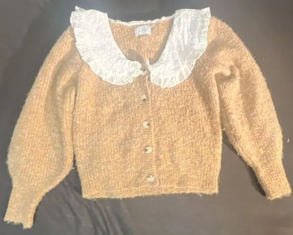 Lush Taupe Knit Cardigan with White Eyelet Peter Pan Collar - Image 2
