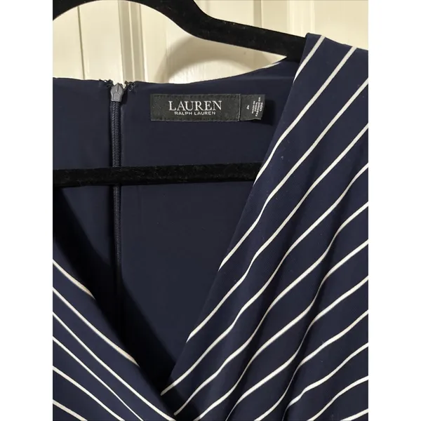 Lauren Ralph Lauren Navy And White Striped Jersey Midi Dress W 3/4 Sleeve Sz 4 - Image 2