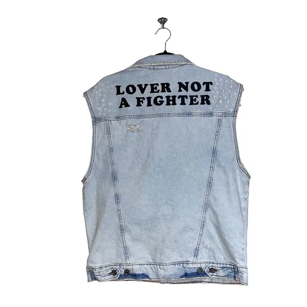 NWT H&M Denim Vest with Printed Design Distressed Denim Vest M - Image 9
